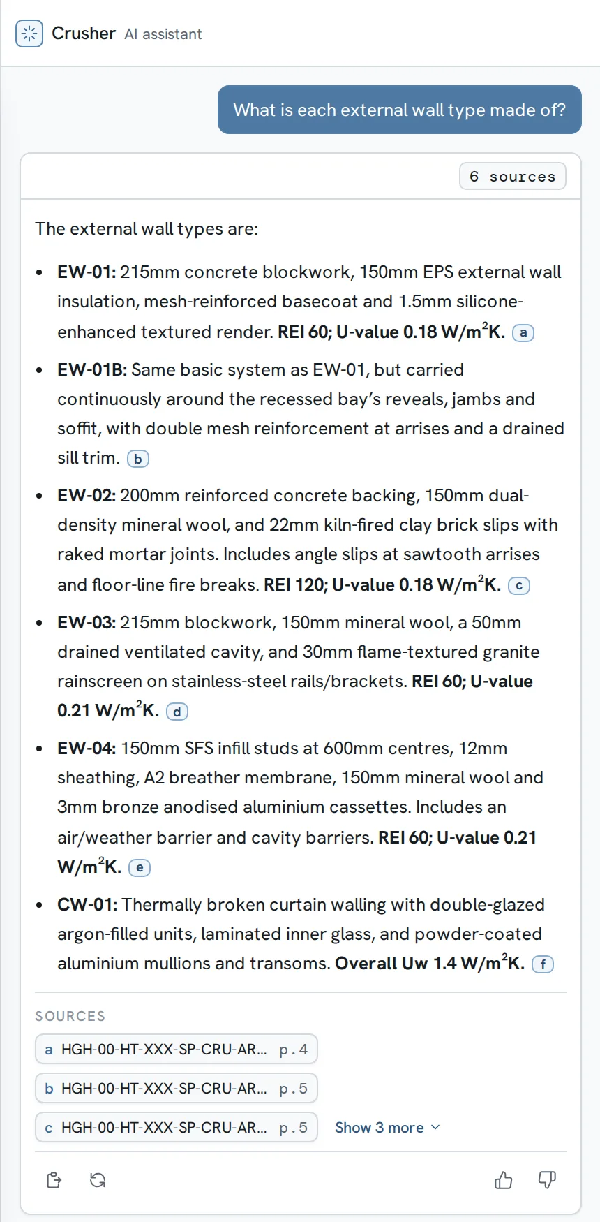 Crusher answering what each external wall type is made of, with the specification pages it used as sources