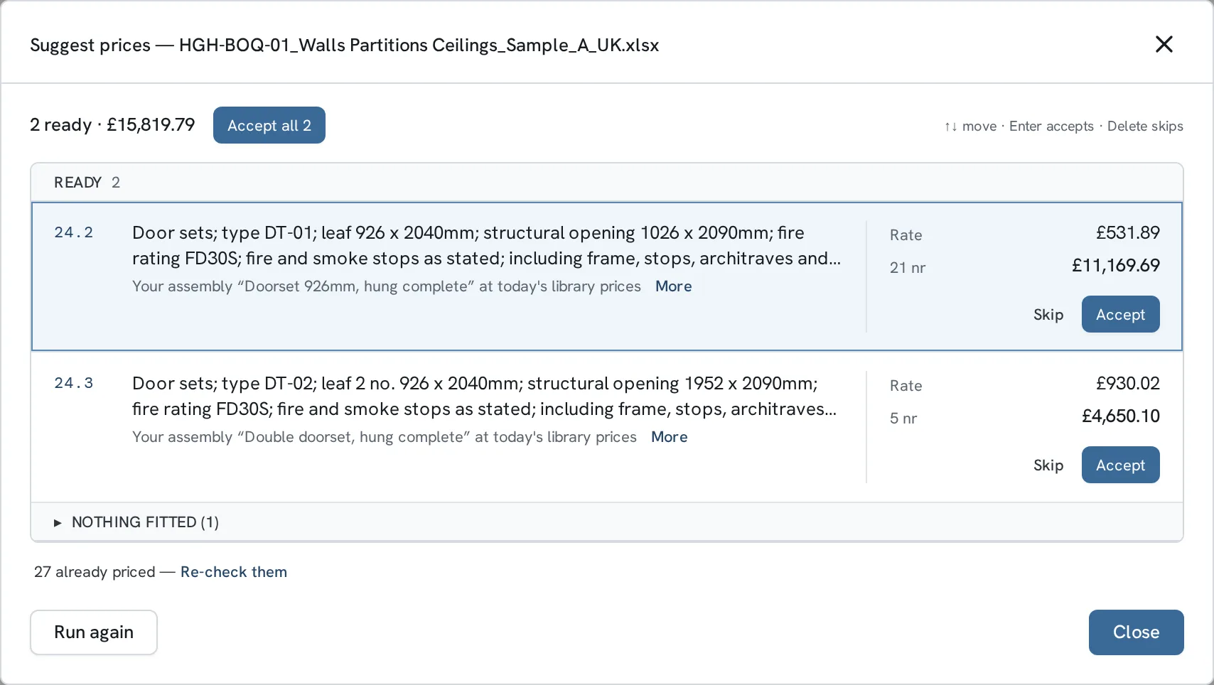 Suggest Prices: unpriced bill lines matched to your own assemblies at today's library prices, each to accept or skip