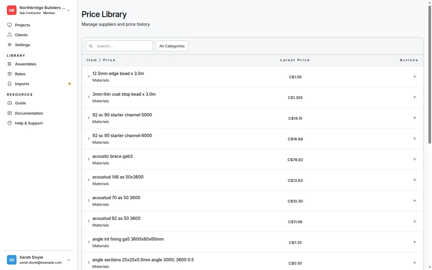 Rate library — products, prices, and suppliers are reused across every project