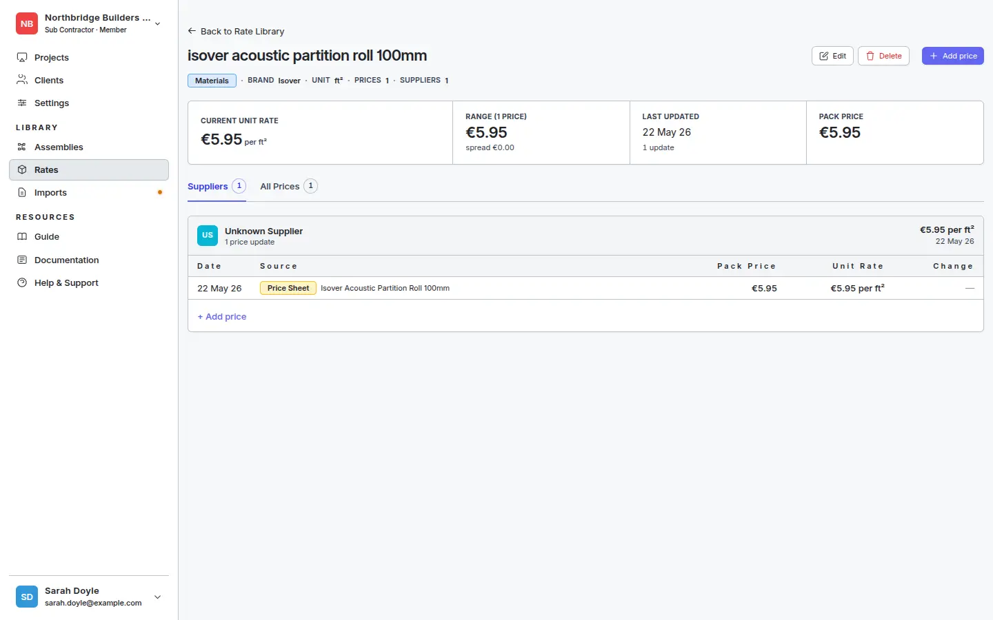 Product detail showing pack price, unit rate, and supplier history