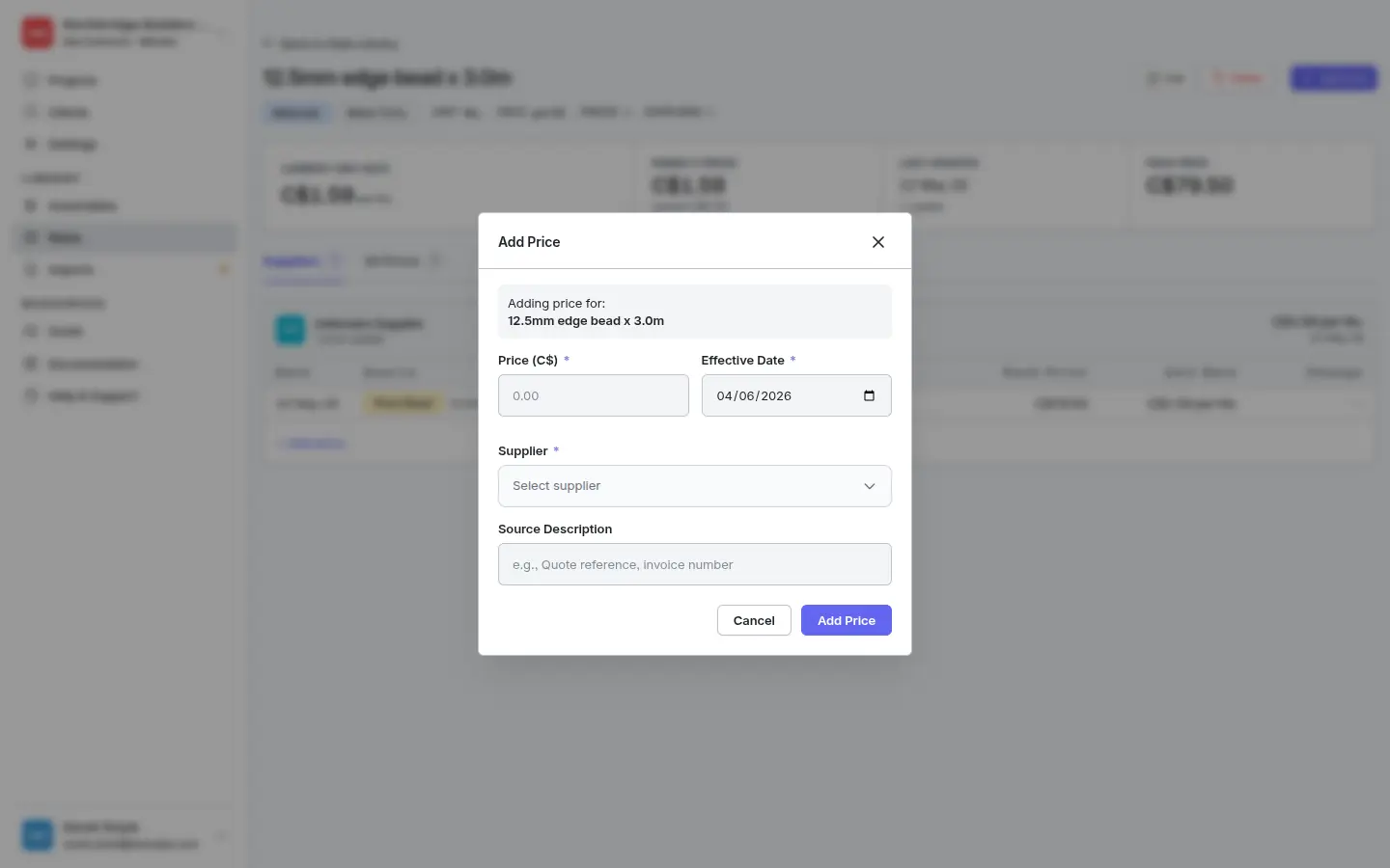 Add Price modal