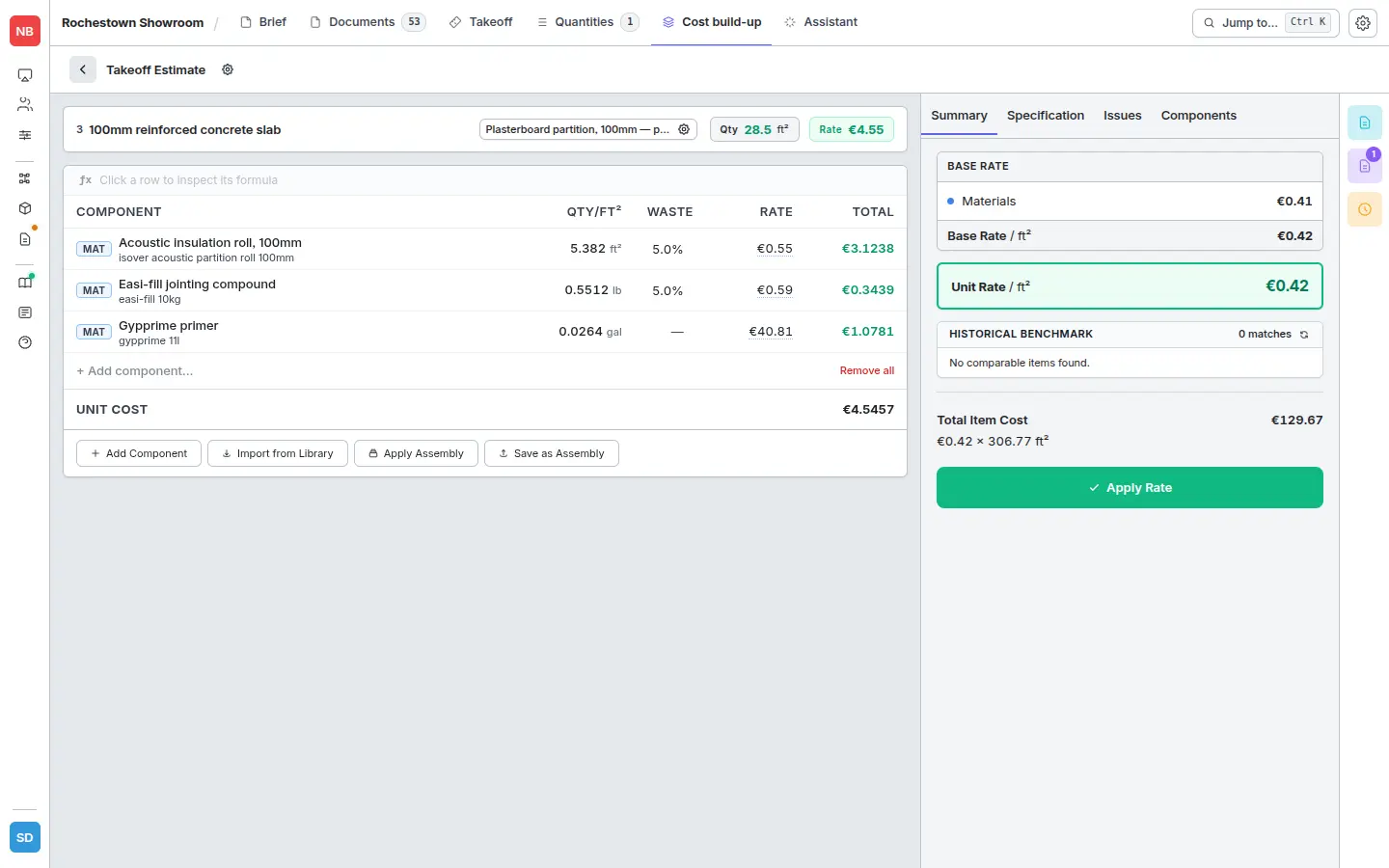 Per-item rate workspace with the assembly’s components and total