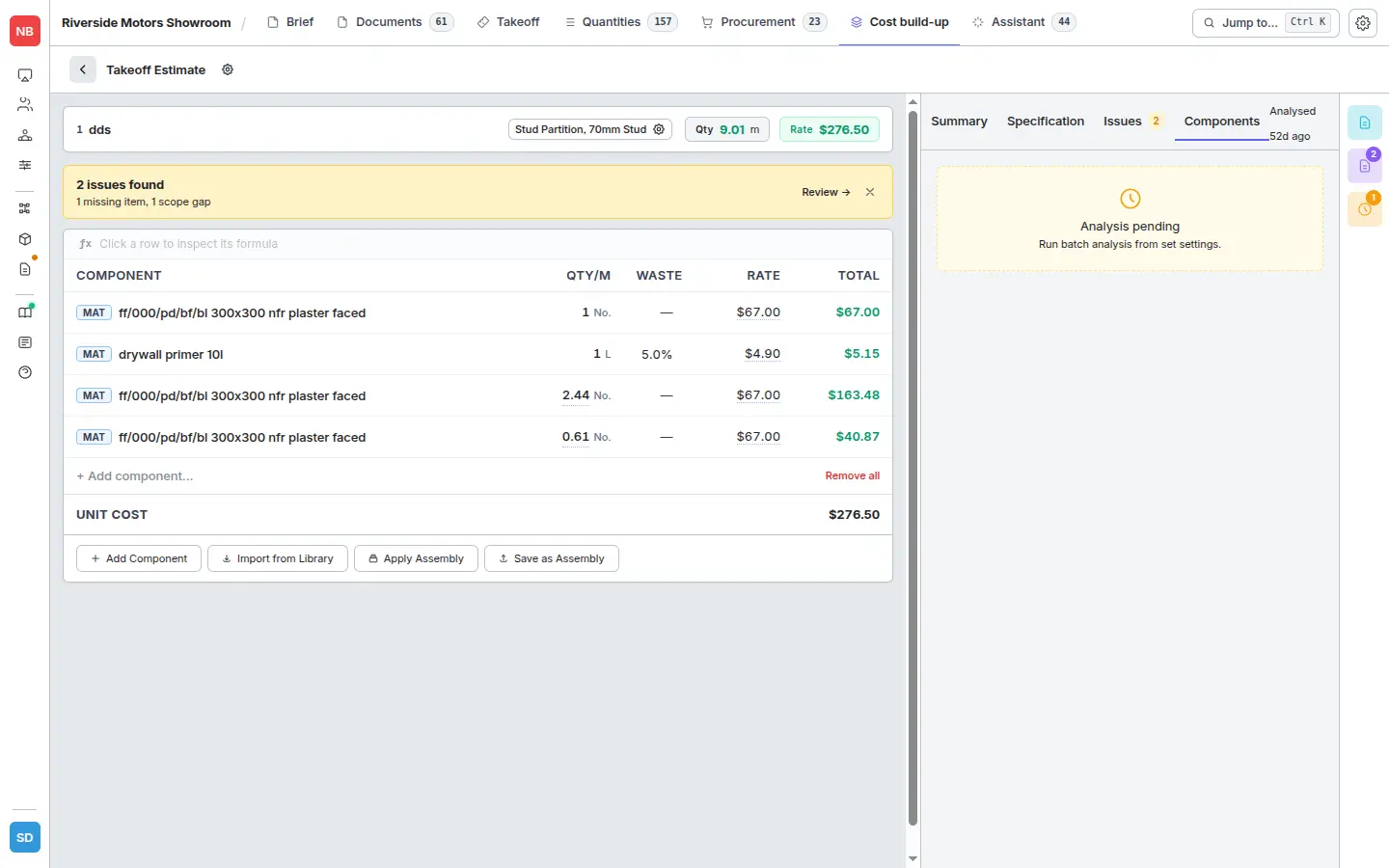 Components tab with suggested material, labour, plant, and waste rows