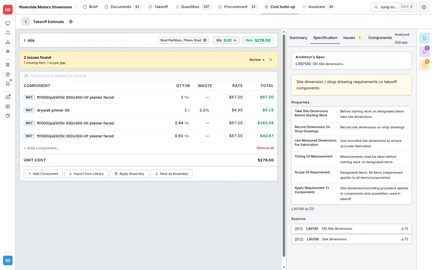Specification tab with extracted property rows and clause references