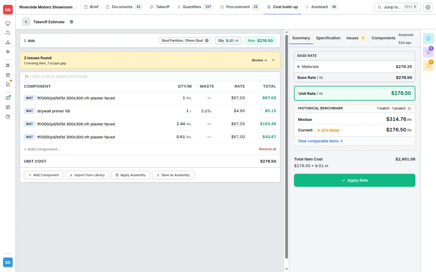 Summary tab with context quality, unit rate, and historical benchmark populated