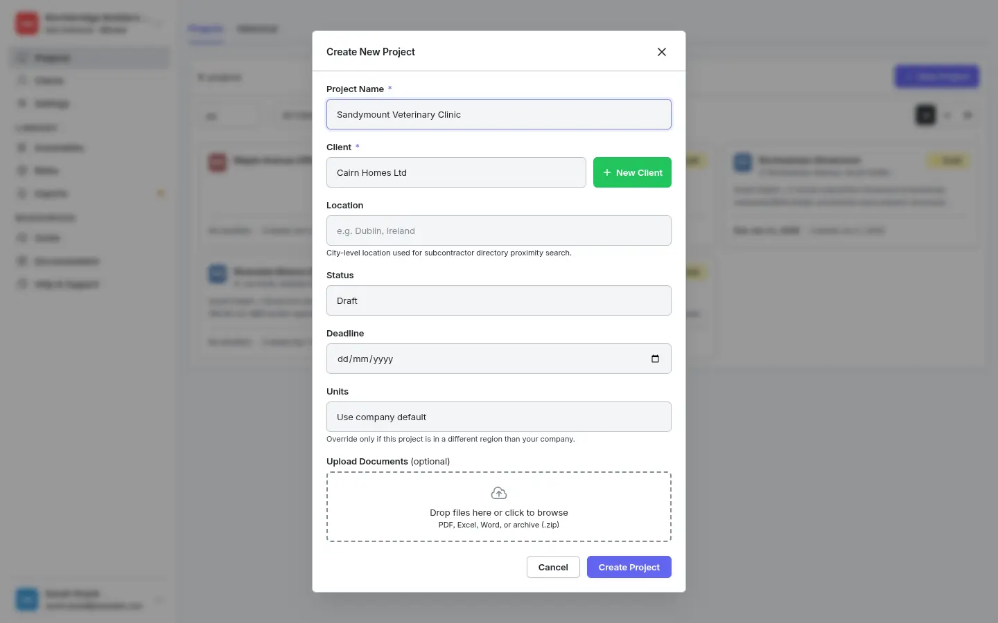 New Project modal — give the project a name and pick a client