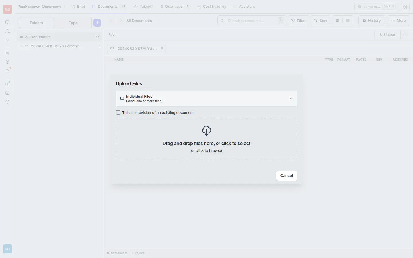 Upload Files modal — drag in your drawings