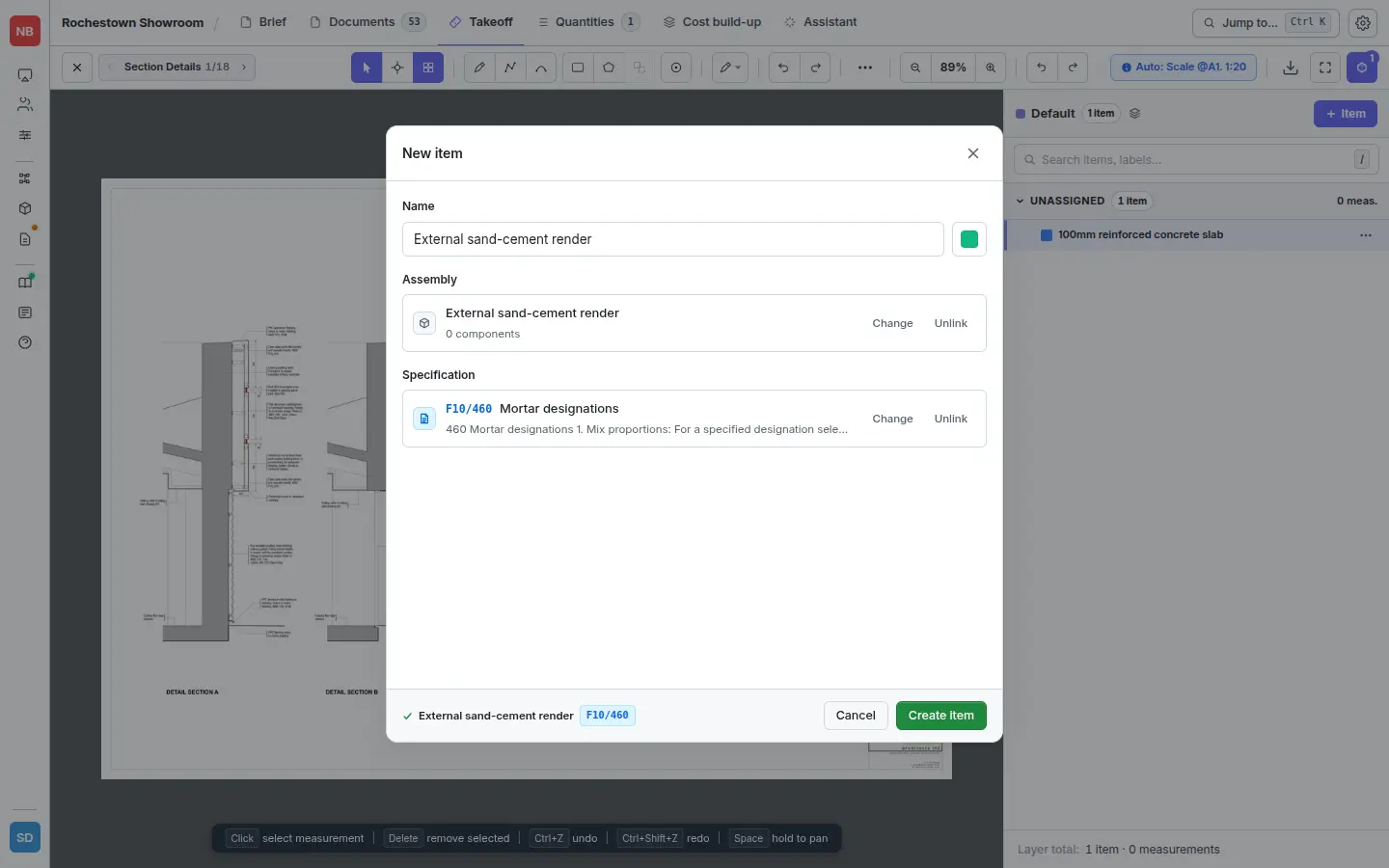New Item modal — assembly and specification bound in a single step