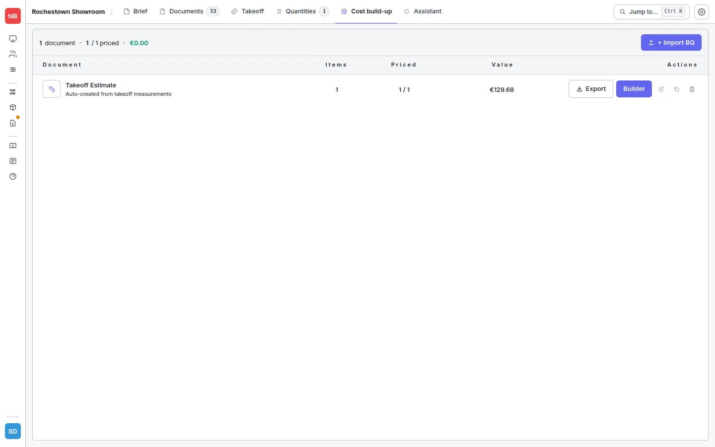 Each BQ document row on the Cost build-up tab has its own Export button, sitting just left of the Builder button