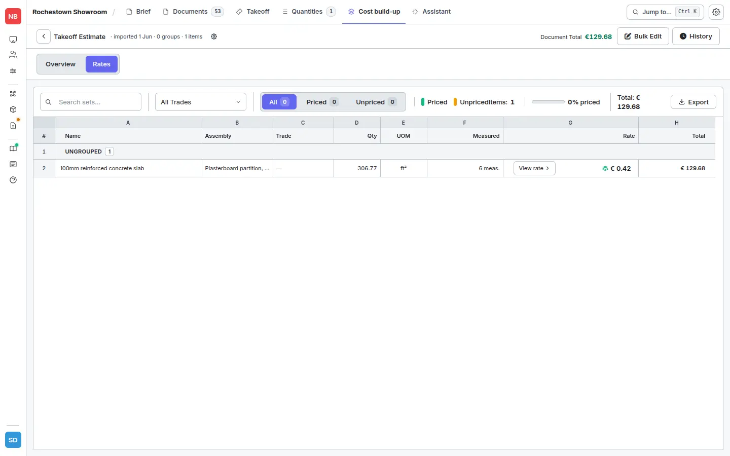 Rates sub-tab — items priced with applied assemblies