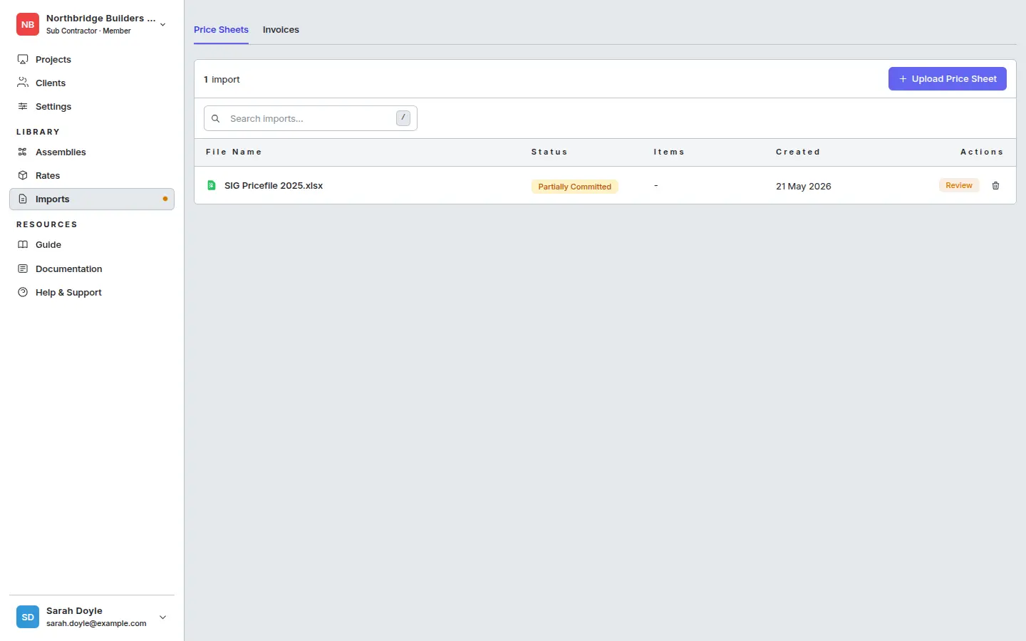 Imports page — a price sheet imported and ready to review or re-open