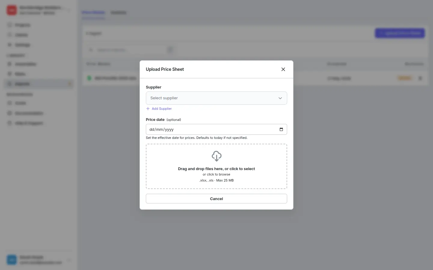 Upload Price Sheet modal