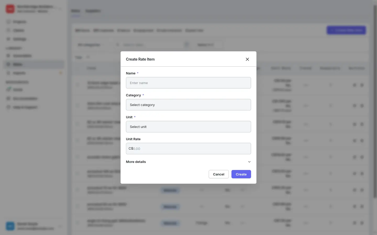 Create Rate Item modal