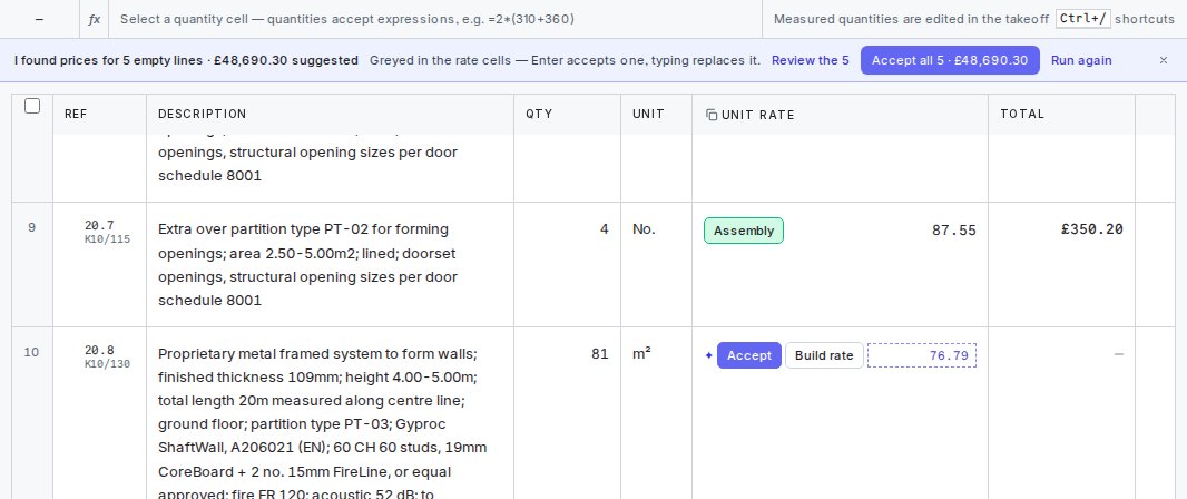 The estimate demo: AI-suggested prices waiting to be accepted on a sample bill