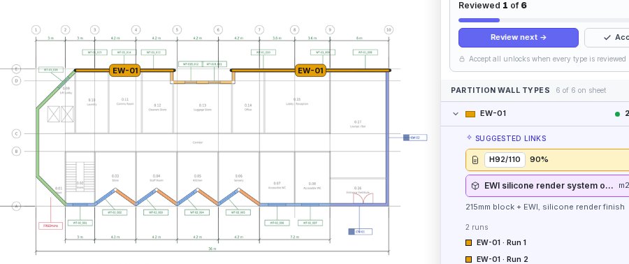 The takeoff demo: AI-measured external walls on a hotel floor plan