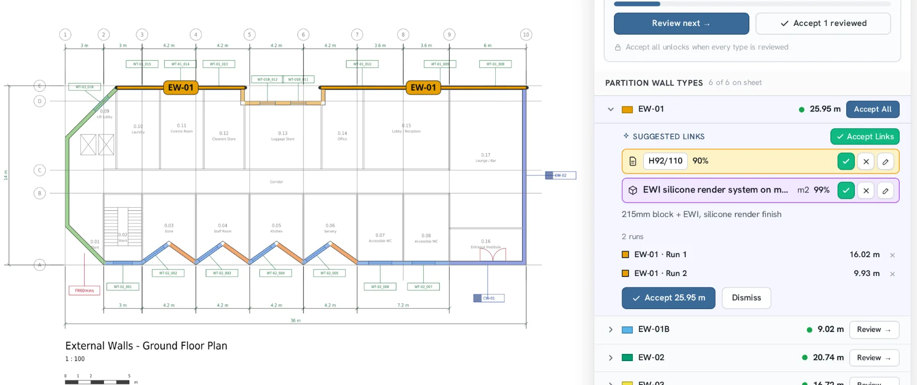 The takeoff demo: AI-measured external walls on a hotel floor plan